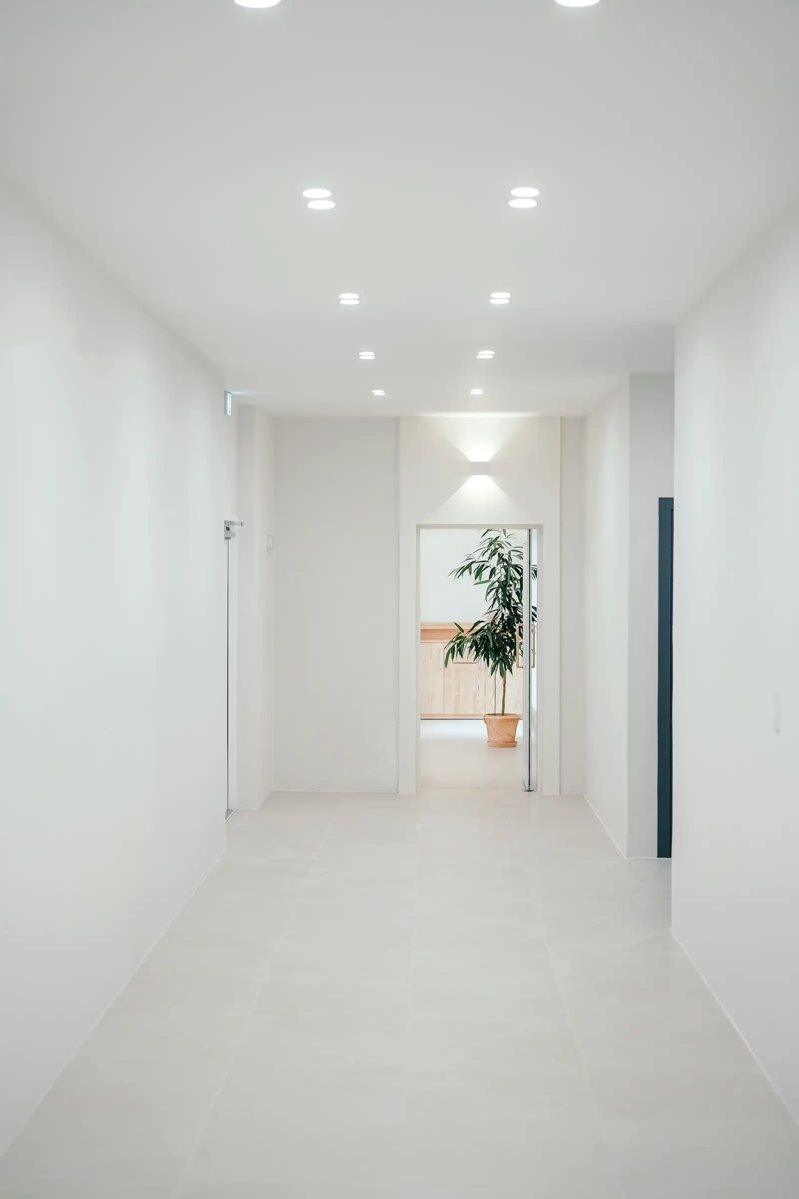 Bright white hallway leading to an open doorway